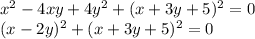 x^2-4xy+4y^2+(x+3y+5)^2=0\\ (x-2y)^2+(x+3y+5)^2=0