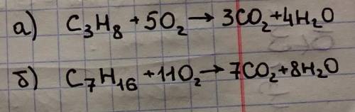 Напишіть рівняння реакції повного окиснення: а) пропану; б) гептану.​