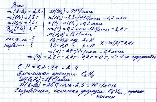 Вариант 2при сгорании вещества массой 2,8г. выделяется 8,8г. co2 и 3,6г. н20.определить молекулярную