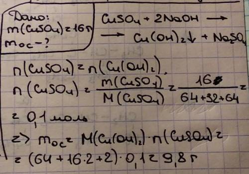 Враствор сульфата меди (2),содержащий 16 г соли, добавили раствор гидроксида натрия. определите масс