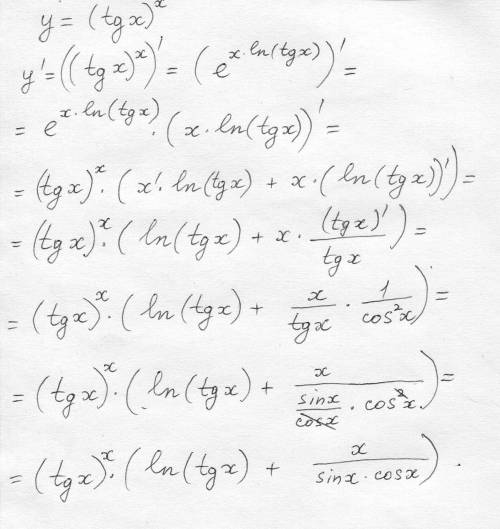 Как посчитать производную (tan x)^x покажите подробнее