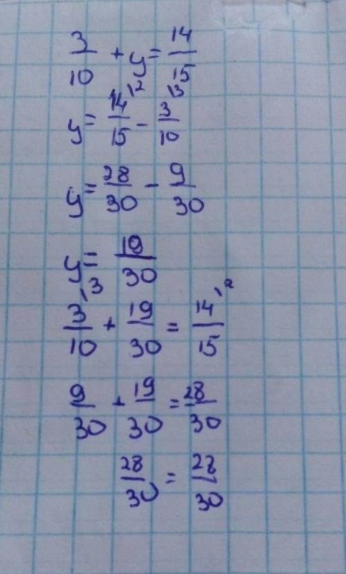 Решите уравнение: 3/10+у=14/15. 2)3 1/2-(х-5 3/5)=1 1/10​