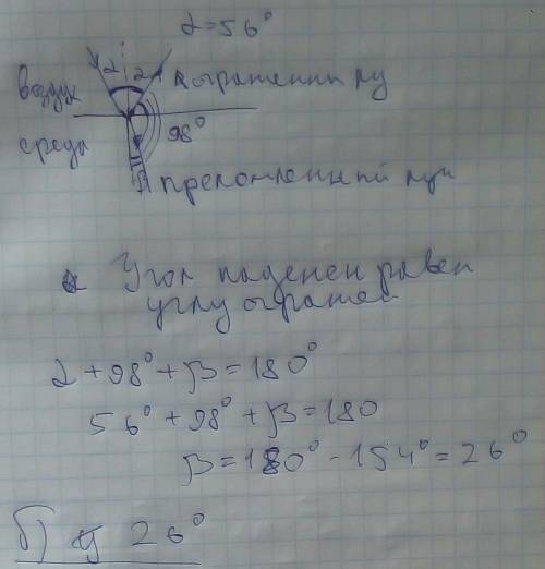 Угол падения светового луча на границу раздела воздуха-среда равна 56 градусов.при этом угол между о