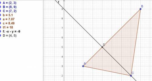 Даны координаты вершин треугольника abc: a(2; 3) b(8; 9) c(7; 2). найдите ординату точки высоты cd и