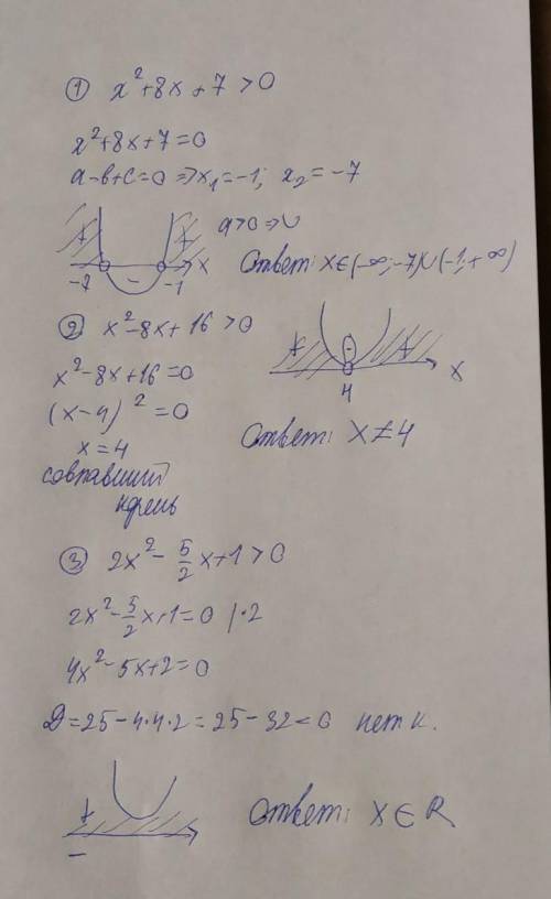 1-x^2+8x+7 больше нуля 2-x^2-8x+16 больше нуля 3-2x^2-(5/2)x+1 больше нуля