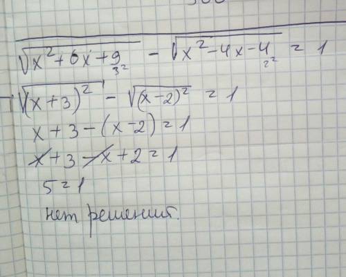 Решите уравнение x2+6х+9-х2-4х-4 = 1 (первая часть (до минуса) вся в корне, и вторая часть (до равно