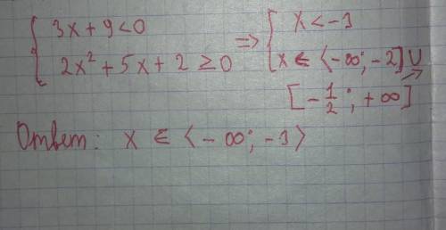 Нужно, , , решить систему ! {3x+9< 0{2x^2+5x+2≥0​