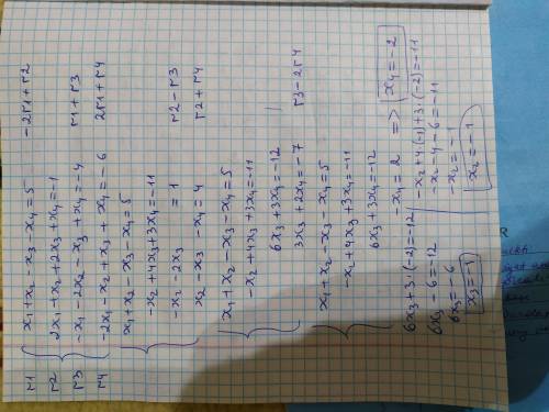 X1+x2-x3-x4=5 2x1+x2+2x3+x4=-1 -x1-2x2-x3+x4=-4 - 2x1-x2+x3+x4=-6 нужно методом гаусса решить​