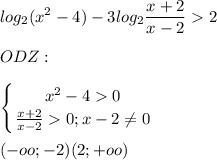 \displaystyle log_2(x^2-4)-3log_2\frac{x+2}{x-2}2\\\\ODZ:\\\\\left \{ {{x^2-40} \atop {\frac{x+2}{x-2}0; x-2\neq 0 }} \right. \\\\(-oo;-2) (2;+oo)