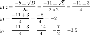 \[\begin{gathered}{y_{1,2}}=\frac{{-b\pm\sqrt D}}{{2a}}=\frac{{-11 \pm \sqrt 9}}{{2*2}}=\frac{{-11\pm 3}}{4}\hfill \\{y_1}=\frac{{-11+3}}{4}=\frac{{-8}}{4}=-2 \hfill \\{y_2}=\frac{{-11-3}}{4}=\frac{{-14}}{4}=-\frac{7}{2}=-3.5 \hfill \\ \end{gathered} \]