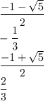 \dfrac{-1-\sqrt{5}}{2}\\-\dfrac{1}{3}\\\dfrac{-1+\sqrt{5}}{2}\\\dfrac{2}{3}