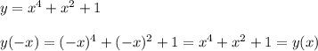 y=x^4+x^2+1\\\\y(-x)=(-x)^4+(-x)^2+1=x^4+x^2+1=y(x)