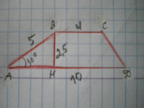 Дана трапеция abcd. угол между боковой стороной ab, равной 5 см, и большим основанием равен 30 граду