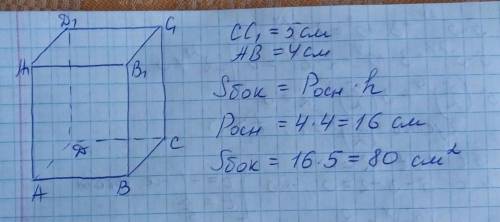 Знайдіть площу бічної поверхні правильноі чотирикутноі призми,якщо її бічне ребро дорівнює 5 см, а р