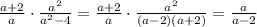 \frac{a+2}{a}\cdot\frac{a^2}{a^2-4}=\frac{a+2}{a}\cdot\frac{a^2}{(a-2)(a+2)}=\frac{a}{a-2}