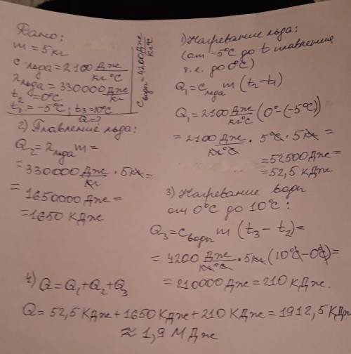 Какое количество теплоты нужно для получения 5 кг воды при температуре 10с из льда при температуре -