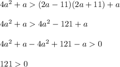 4a^2 +a(2a-11)(2a+11)+a\\\\4a^2 +a4a^2-121+a\\\\4a^2 +a-4a^2+121-a0\\\\1210