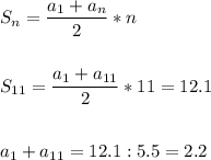 \displaystyle\\S_n=\frac{a_1+a_n}{2} *n\\ \\ \\S_{11}=\frac{a_1+a_{11}}{2} *11 =12.1\\ \\ \\a_1+a_{11} =12.1:5.5=2.2\\ \\ \\