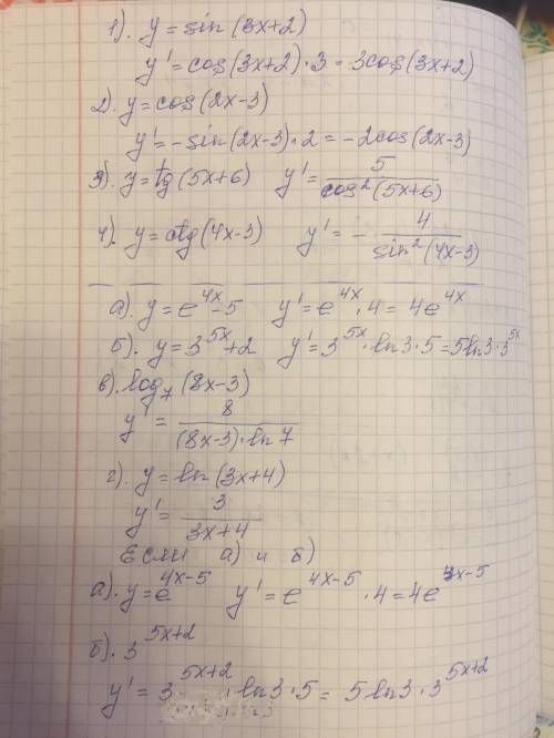 Найдите производную функции: 1) а) y=sin(3x+2) б) y=cos(2x-3) в) y=tg(5x+6) г) y=ctg(4x-3) 2) a) y=