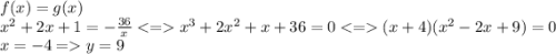 f(x)=g(x)\\x^2+2x+1=-\frac{36}{x} x^3+2x^2+x+36=0(x+4)(x^2-2x+9)=0\\x=-4=y=9