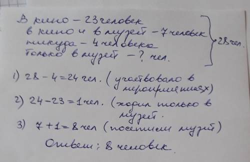 В5 г классе 28 учащихся в кино ходили 23 человека в кино и в музей 7 а 4 человека не ходили ни к кин