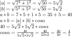 |a| = \sqrt{7^{2}+1^{2}} = \sqrt{50} = 5\sqrt{2} \\|b| = \sqrt{5^{2}+5^{2}} = \sqrt{50} = 5\sqrt{2} \\a * b = 7 * 5 + 1 * 5 = 35 + 5 = 40\\a * b = |a| * |b| * cos \alpha \\40 = 5\sqrt{2} * 5\sqrt{2} * cos \alpha\\cos \alpha = \frac{40}{5\sqrt{2} * 5\sqrt{2}} = \frac{40}{25 * 2} = \frac{40}{50} = \frac{4}{5}