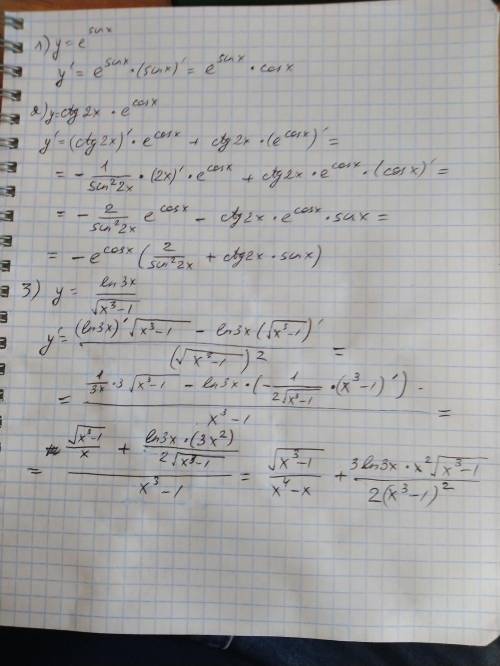 Найти производную, 1. у=е^sinx 2.ctg(2x)*e^cosx 3.y=ln(3x)/корень из x^3-1