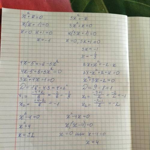 Найдите дискриминант: x²+x=03x²=-x4x-5=-6-3x²2x+x²=-2-xx²-4=0x²-4x=0​