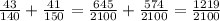 \frac{43}{140} +\frac{41}{150} =\frac{645}{2100} +\frac{574}{2100} =\frac{1219}{2100}