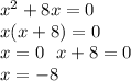 x {}^{2} + 8x = 0 \\ x(x + 8) = 0 \\ x = 0 \: \: \: x + 8 = 0 \\ \: \: \: \: \: \: \: \: \: \: \: \: \: \: \: x = - 8