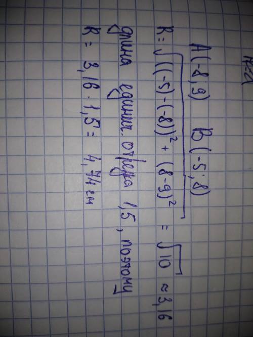 Найдите расстояние между точками а(-8,9) и в(-5,8), если длина единичного отрезка равна 1,5 см