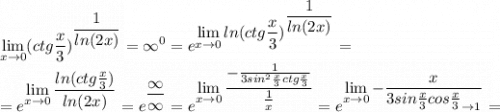 \displaystyle\lim_{x\to0}(ctg\frac{x}{3})^{\displaystyle\frac{1}{ln(2x)}}=\infty^0=e^{\displaystyle\lim_{x\to0}ln(ctg\frac{x}{3})^{\displaystyle\frac{1}{ln(2x)}}}=\\=e^{\displaystyle\lim_{x\to0}\frac{ln(ctg\frac{x}{3})}{ln(2x)}}=e^{\displaystyle\frac{\infty}{\infty}}}=e^{\displaystyle\lim_{x\to0}\frac{-\frac{1}{3sin^2\frac{x}{3}ctg\frac{x}{3}}}{\frac{1}{x}}}=e^{\displaystyle\lim_{x\to0}-\frac{x}{3sin\frac{x}{3}cos\frac{x}{3}_{\to1}}}=