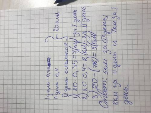 При ремонте участка шоссе длинной 20 км в первый день отремонтировали 0.35 всего участка.во второй д