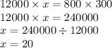 12000 \times x = 800 \times 300 \\ 12000 \times x = 240000 \\ x = 240000 \div 12000 \\ x = 20