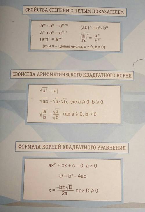 Скинбте фотом свойства степени с целым показателем, арифметического квадратного корня,формулу корней