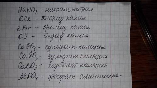 Написать формулы : нитрат натрия, хлорид, бромид, йодид калия, сульфат, сульфит, карбонат кальция, ф