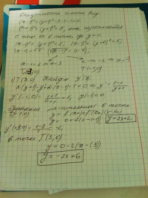 Дай вам бог здоровья. составить уравнения касательных окружностей x^2+y^2-2x+2y-3=0 в точках её пере