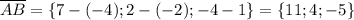 \overline{AB}=\{7-(-4);2-(-2);-4-1\}=\{11;4;-5\}