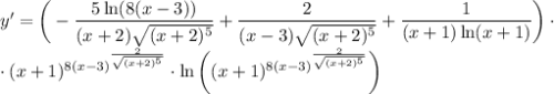 y' = \bigg(-\dfrac{5\ln (8(x-3))}{(x+2)\sqrt{(x+2)^{5}} } + \dfrac{2}{(x-3)\sqrt{(x+2)^{5}}} + \dfrac{1}{(x+1)\ln(x+1)} \bigg)\cdot \\\cdot (x+1)^{8(x-3)^{\frac{2}{\sqrt{(x+2)^{5}} } }} \cdot \ln \bigg((x+1)^{8(x-3)^{\frac{2}{\sqrt{(x+2)^{5}} } }}\bigg)