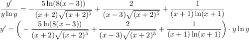 \dfrac{y'}{y\ln y} = -\dfrac{5\ln (8(x-3))}{(x+2)\sqrt{(x+2)^{5}} } + \dfrac{2}{(x-3)\sqrt{(x+2)^{5}}} + \dfrac{1}{(x+1)\ln(x+1)} \\\\y' = \bigg(-\dfrac{5\ln (8(x-3))}{(x+2)\sqrt{(x+2)^{5}} } + \dfrac{2}{(x-3)\sqrt{(x+2)^{5}}} + \dfrac{1}{(x+1)\ln(x+1)} \bigg)\cdot y\ln y