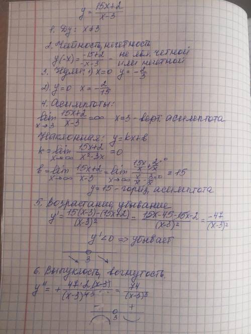 Исследовать функцию y=15x+2 / x-3 и построить график