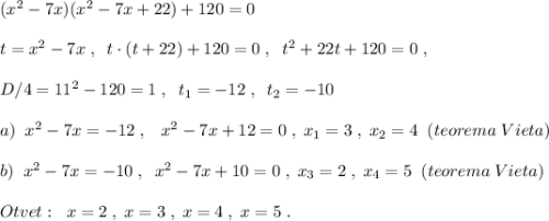 (x^2-7x)(x^2-7x+22)+120=0\\\\t=x^2-7x\; ,\; \; t\cdot (t+22)+120=0\; ,\; \; t^2+22t+120=0\; ,\\\\D/4=11^2-120=1\; ,\; \; t_1=-12\; ,\; \; t_2=-10\\\\a)\; \; x^2-7x=-12\; ,\; \; \; x^2-7x+12=0\; ,\; x_1=3\; ,\; x_2=4\; \; (teorema\; Vieta)\\\\b)\; \; x^2-7x=-10\; ,\; \; x^2-7x+10=0\; ,\; x_3=2\; ,\; x_4=5\; \; (teorema\; Vieta)\\\\Otvet:\; \; x=2\; ,\; x=3\; ,\; x=4\; ,\; x=5\; .