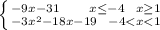 \left \{ {{-9x-31\;\;\;\;\;\;\;\; x\leq-4\;\;\;x\geq 1 } \atop {-3x^{2} -18x-19\;\;\;-4