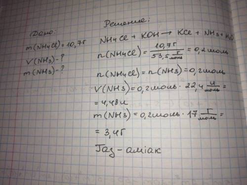 До розчину, що містив амоній хлорид масою 10, 7 г долили розчин калій гідроксиду в надлишку. який об
