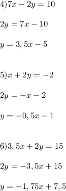 4)7x-2y=10\\\\2y=7x-10\\\\y=3,5x-5\\\\\\5)x+2y=-2\\\\2y=-x-2\\\\y=-0,5x-1\\\\\\6)3,5x+2y=15\\\\2y=-3,5x+15\\\\y=-1,75x+7,5