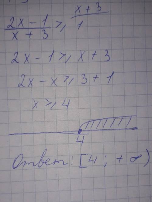 Решите, , рациональное неравенство. (2x-1)/x+3 больше или равно 1 и отметьте на числовой прямой.