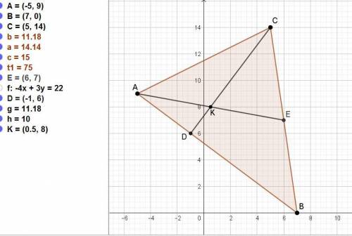 Координаты треугольника a(-5; 9) b(7; 0) c(5; 14). найти: 1) уравнения сторон ab и ac и их угловые