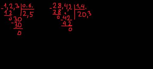 1,23: 0,6= 28,42: 1,4= 14,23: 0,1= 11,1: 0,04= 0,24: 0,001= ? столбиком, ! ​