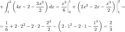 \displaystyle+\int^2_1\left(4x-2-\dfrac{3x^2}{2}\right)dx=\dfrac{x^3}{6}\bigg|^1_0+\left(2x^2-2x-\dfrac{x^3}{2}\right)\bigg|^2_1=\\ \\ \\ =\dfrac{1}{6}+2\cdot 2^2-2\cdot 2-\dfrac{2^3}{2}-\left(2\cdot 1^2-2\cdot 1-\dfrac{1^3}{2}\right)=\dfrac{2}{3}