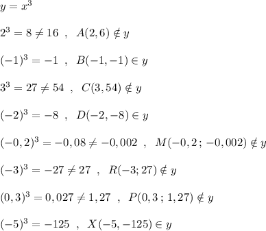 y=x^3\\\\2^3=8\ne 16\; \; , \; \; A(2,6)\notin y\\\\(-1)^3=-1\; \; ,\; \; B(-1,-1)\in y\\\\3^3=27\ne 54\; \; ,\; \; C(3,54)\notin y\\\\(-2)^3=-8\; \; ,\; \; D(-2,-8)\in y\\\\(-0,2)^3=-0,08\ne -0,002\; \; ,\; \; M(-0,2\, ;\, -0,002)\notin y\\\\(-3)^3=-27\ne 27\; \; ,\; \; R(-3;27)\notin y\\\\(0,3)^3=0,027\ne 1,27\; \; ,\; \; P(0,3\, ;\, 1,27)\notin y\\\\(-5)^3=-125\; \; ,\; \; X(-5,-125)\in y